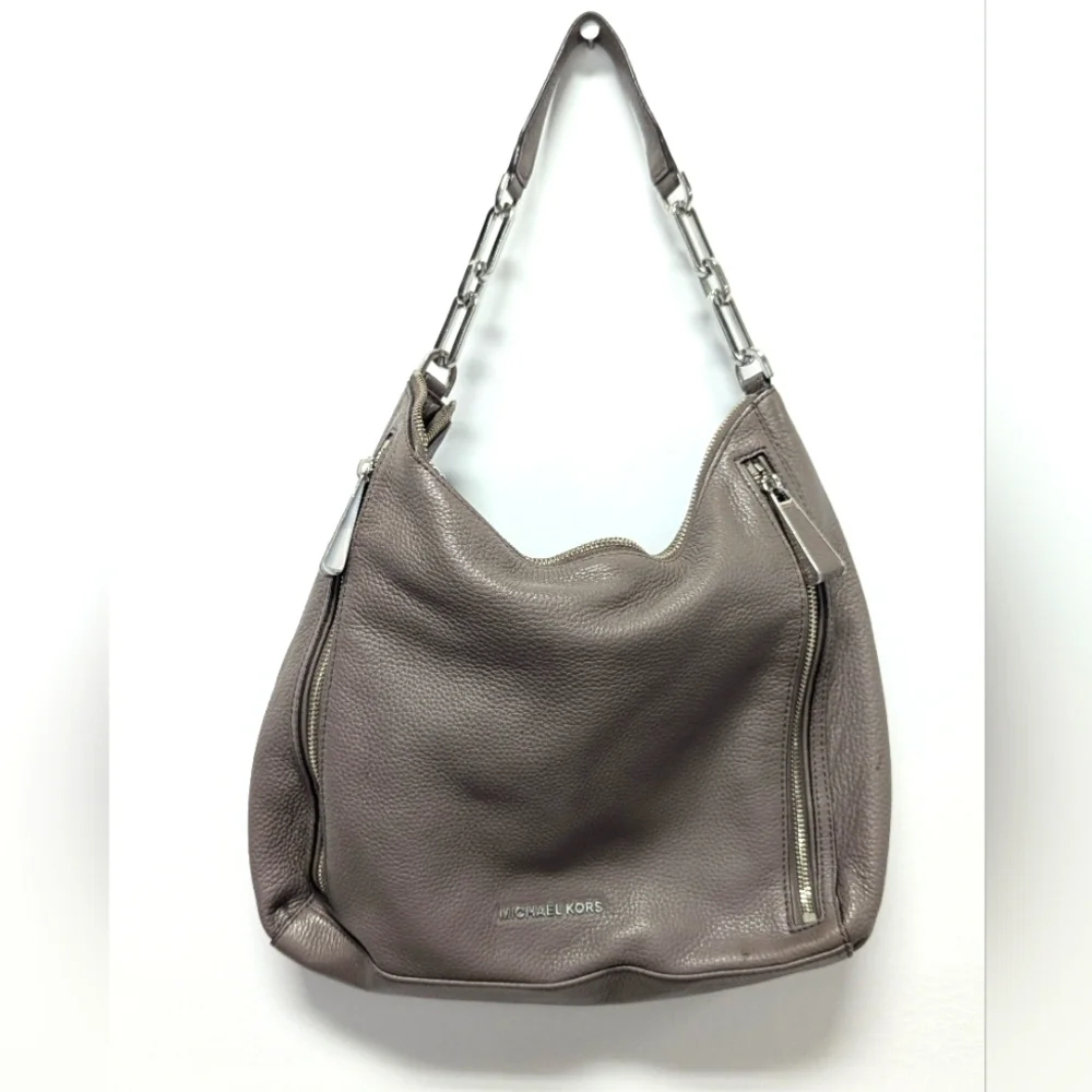 Michael Kors Grey Leather Shoulder Bag Large Zip Tabs Chain Detail